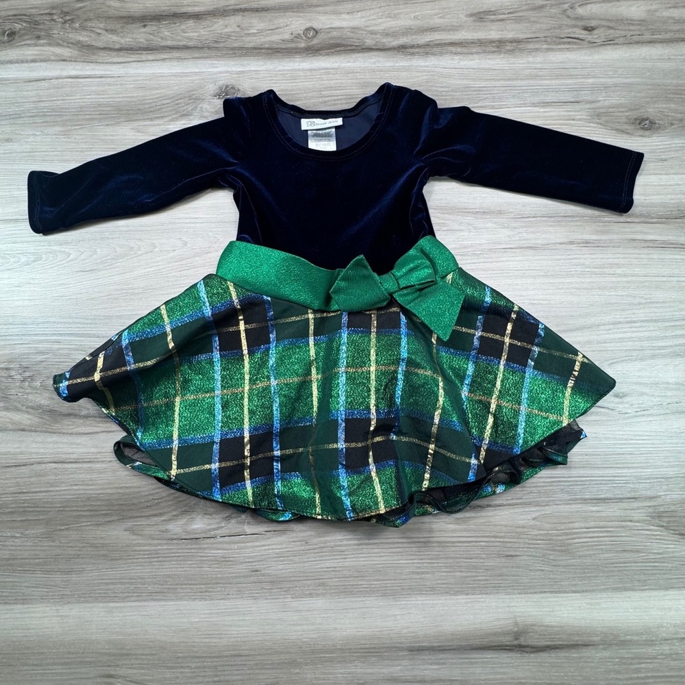 Bonnie Jean Girls Navy‎ Velvet Plaid Sparkle Dress 2T Long Sleeve Holiday